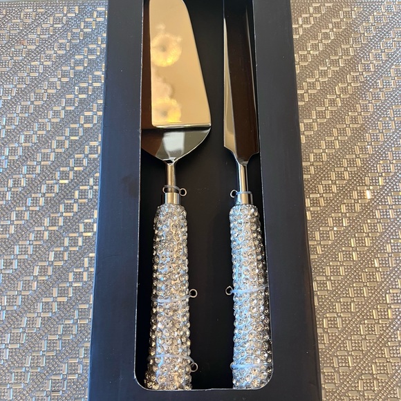 Tahari Dining Tahari Home Cake Knife Server Set Silver Rhinestone Luxe Glam Wedding Holiday